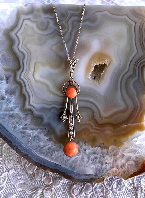 Antique Art Nouveau 10K Gold genuine Coral and Seed Pearl accented hallmarked Pendant Necklace