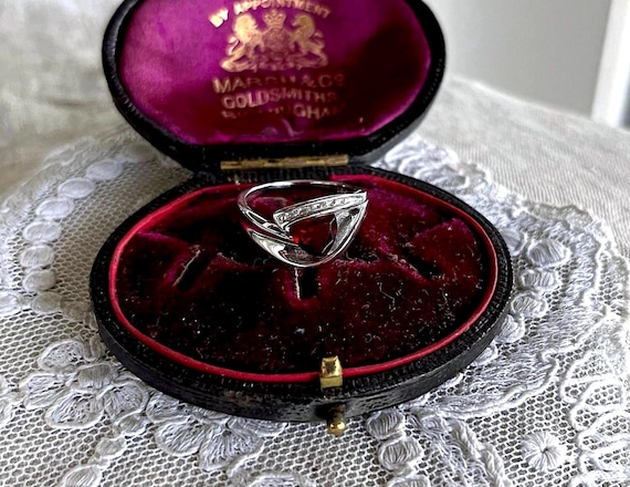 Vintage Art Deco 10K White Gold Garnet Ring with CZ Accents, Size 7.5