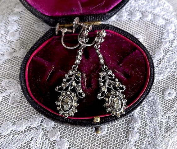Antique German 935 Silver Paste Stone Drop Earrings: Edwardian Belle Epoque