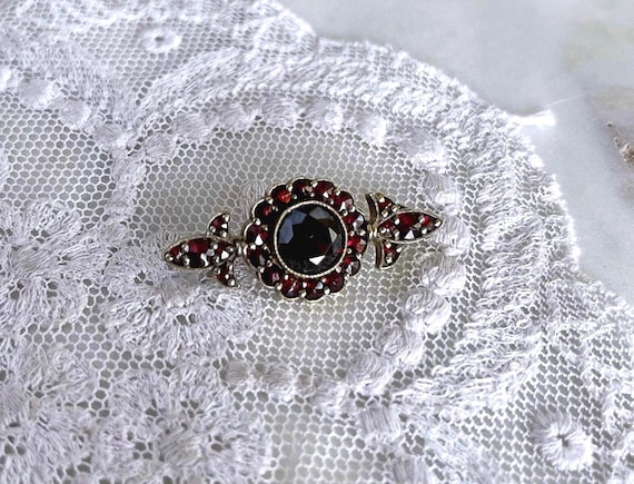German Bohemian Revival 900 Silver Gold Rolled Rose Cut Garnet hallmarked Lapel Brooch