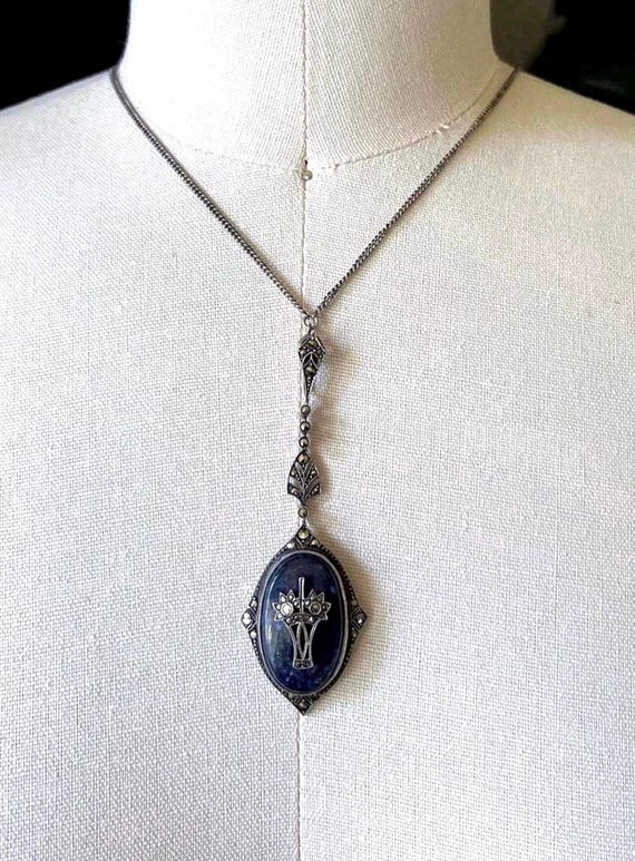 Gorgeous antique Edwardian Sterling Silver genuine Lapis Lazuli Cabochon faceted Marcasite accented sublime hallmarked Pendant Necklace