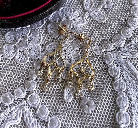 Charming petite vintage 10K Gold brilliant faceted CZ gemstone accented demure Pierced hallmarked Chandelier dangle Earrings