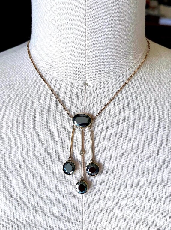 Vintage 14K Gold Diamond Negligee Choker Necklace: Mid Century Hematite Accent