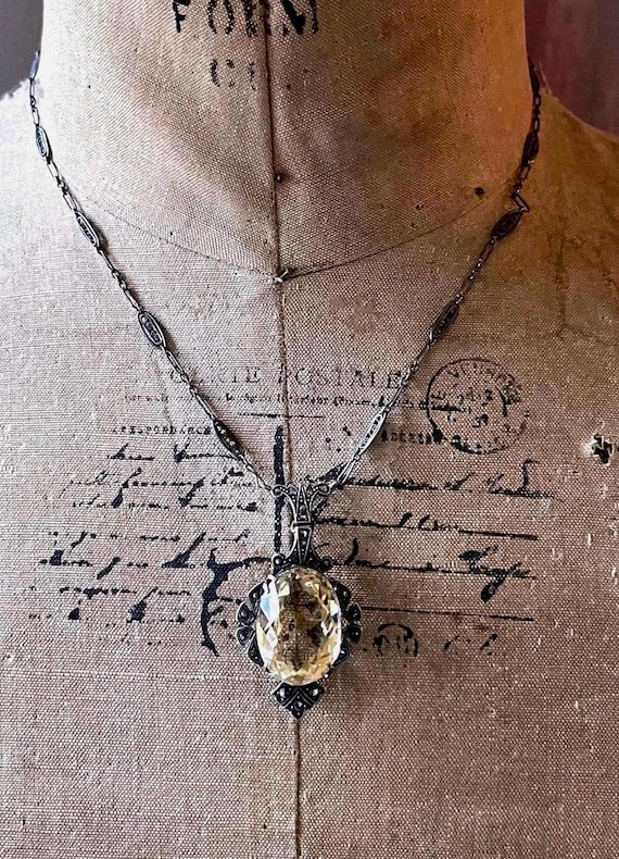 Antique Edwardian Belle Époque Sterling Silver genuine faceted Citrine gemstone fine hallmarked Lavaliere Necklace