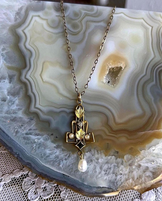Antique 1910s Edwardian Pinchbeck Gold Filled genuine Diamond faceted Sapphire Seed Pearl accented delicate Pendant Necklace