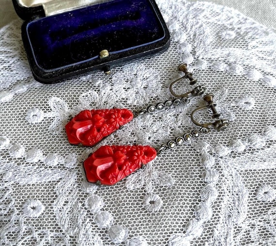Antique Haute Couture Edwardian 1910s Sterling Silver molded Coral Molded Czech Glass Marcasite accented stamped Screw Back Drop Earrings