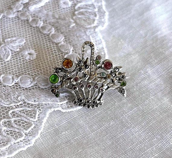 Antique Edwardian Giardinetti Brooch: 900 Silver Paste Stone Floral Basket
