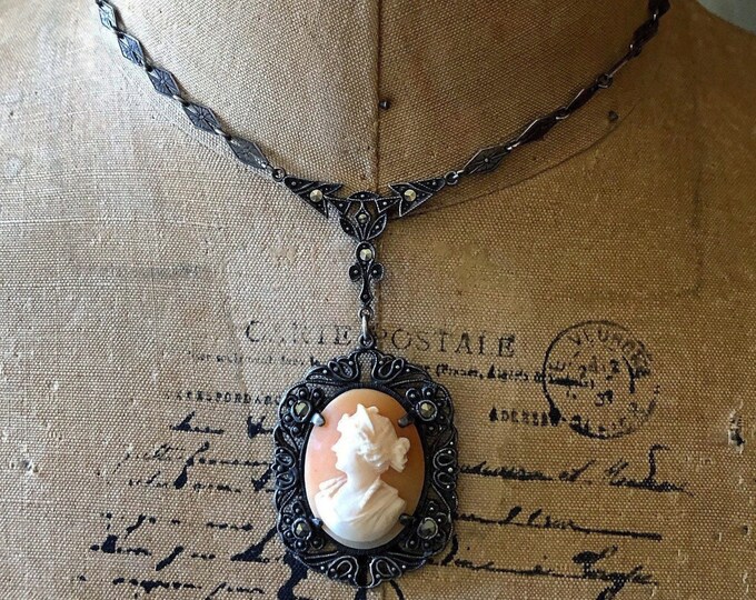 Sublime antique Edwardian 1910s Sterling Silver filigree genuine Conch Shell Cameo Marcasite accented stamped Lavaliere Necklace