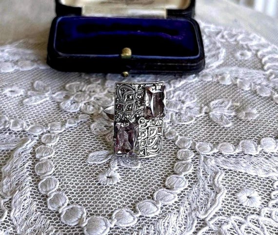 Elegant vintage Art Deco Austrian 935 Silver faceted Amethyst Paste Stone Marcasite accented gorgeous size 7.5 Cocktail Ring