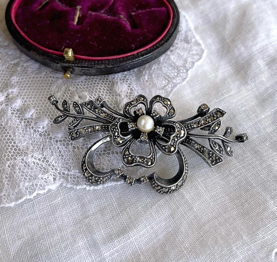 Romantic Victorian Revival Sterling Silver genuine Cultured Pearl faceted Marcasite accented Floral Brooch