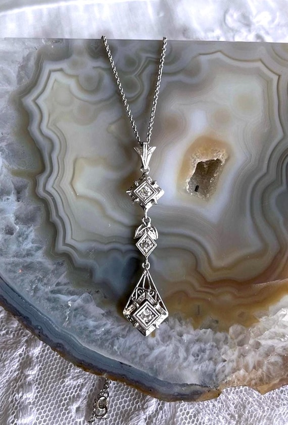 Vintage Edwardian Revival 18K White Gold genuine faceted Diamond accented fine hallmarked Pendant Necklace