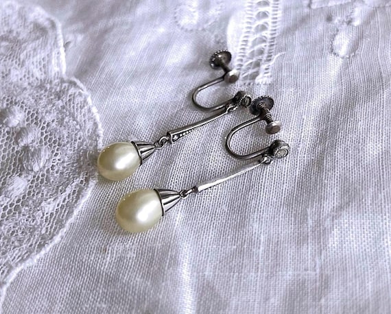 Antique Edwardian 830 Silver Pearl Marcasite Dangle Earrings