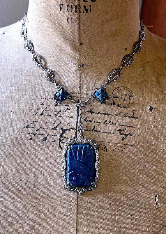 Fine antique Edwardian Sterling Silver carved Lapis Lazuli faceted marcasite accented hallmarked Lavaliere Necklace
