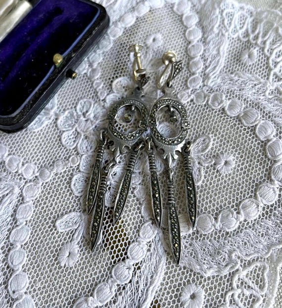 Romantic Vintage Art Deco Sterling Silver brilliant faceted Marcasite accented beautiful hallmarked Screw Back Drop Earrings