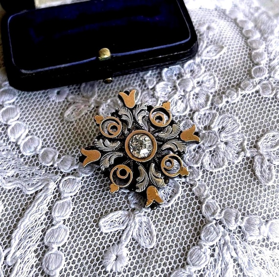 Fine antique Victorian Aesthetic Sterling Silver Gold Filled faceted Rose Cut Diamond Paste stone accented two tone Lapel Brooch