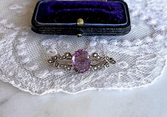 Victorian 9k Gold Amethyst Brooch: Seed Pearl Accented Lapel Pin