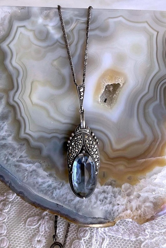 Rare German 1930s Art Deco 935 Silver Blue Paste Stone Marcasite accented Pendant Necklace