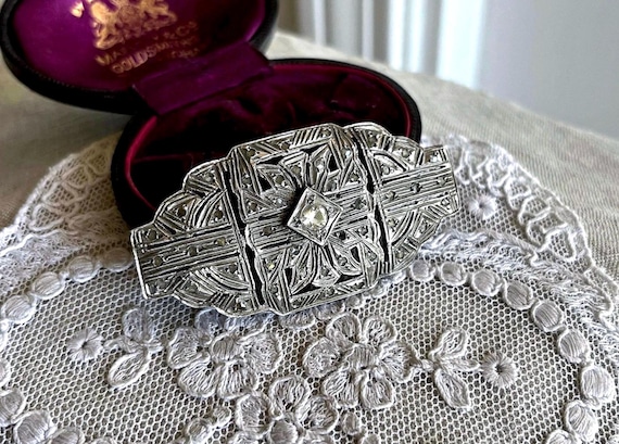 Spectacular antique French Edwardian Sterling Silver brilliant faceted Diamond Paste Stone hallmarked trombone Class Statement Brooch
