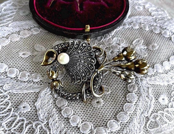 Romantic Art Deco Revival Vintage Co. Sterling Silver vermeil genuine Cultured Pearl faceted Marcasite accented Statement Brooch