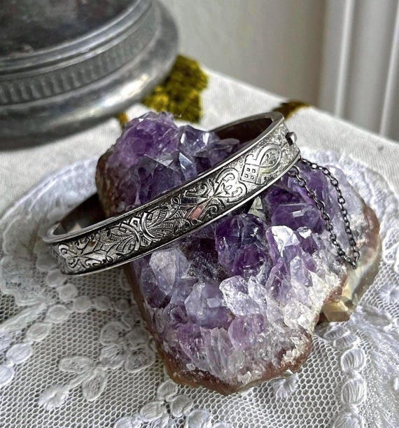 Antique B&B Bates and Bacon Sterling Silver enamel Victorian Aesthetic stamped Bangle Bracelet