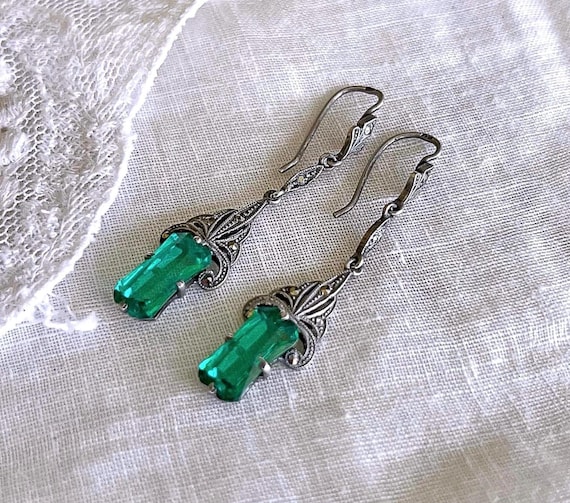Antique Edwardian 935 Silver Emerald Paste Marcasite Drop Earrings