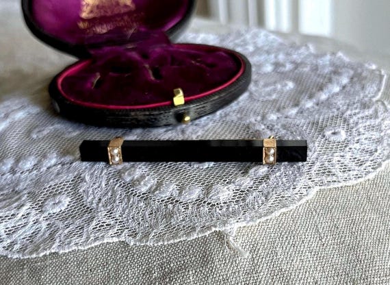 Victorian 14K Gold Mourning Brooch: Black Obsidian & Seed Pearl