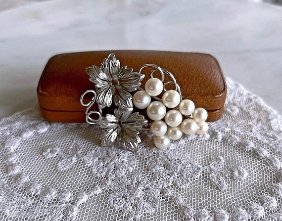 Vintage Japan 1940s Sterling Silver Floral Brooch: Cultured Pearl Accent
