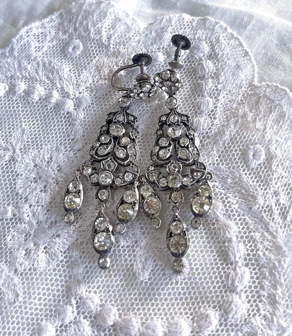 Antique Victorian Sterling Screw Back Drop Earrings: Faceted Paste Stones