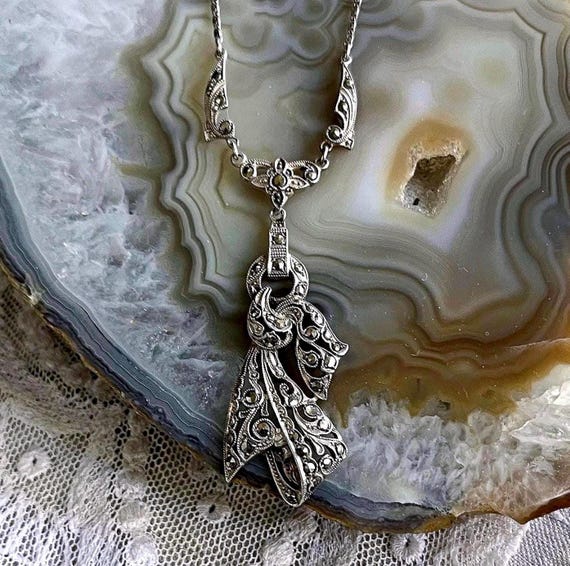 Sublime vintage Austrian Art Deco 935 Silver brilliant faceted Marcasite Crystal accented hallmarked Old World Lavaliere Necklace