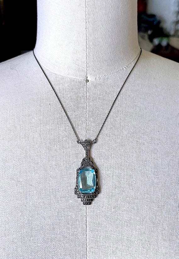 Romantic vintage Art Deco Sterling Silver brilliant faceted Topaz Blue Paste Stone Marcasite accented beautiful stamped Lavaliere Necklace
