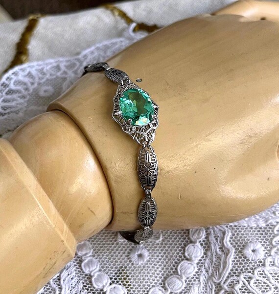 Antique Estate Edwardian delicate Sterling Silver Filigree faceted Emerald Green Paste Stone accented gorgeous Link Bracelet