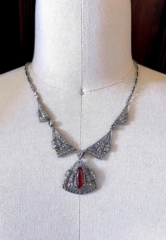 Fine vintage Art Deco Sterling Silver Carnelian Chalcedony faceted Marcasite accented hallmarked Lavaliere Necklace