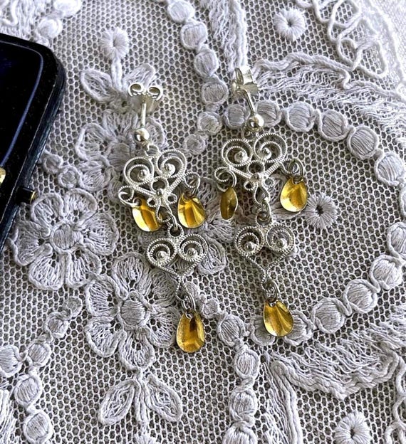 Pristine Norwegian Sterling Silver Solje handcrafted traditional Marriage lovely stamped Bohemian Revival pierced Drop Dangle Earring