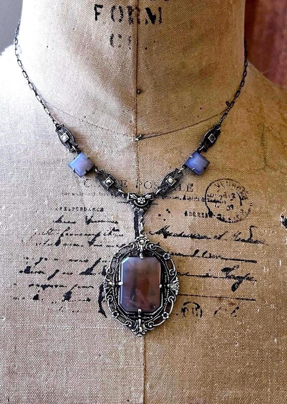 Antique Edwardian Sterling Silver Blue Chalcedony Marcasite Lavaliere Necklace
