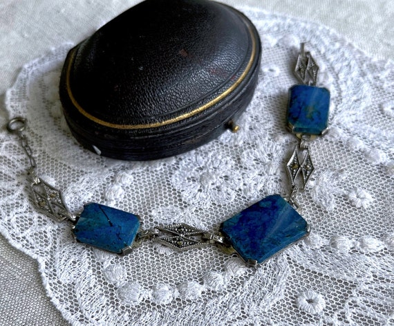 Gorgeous antique Art Deco Sterling Silver luminous Blue Sodalite gemstone faceted Marcasite accented sublime hallmarked Link Bracelet