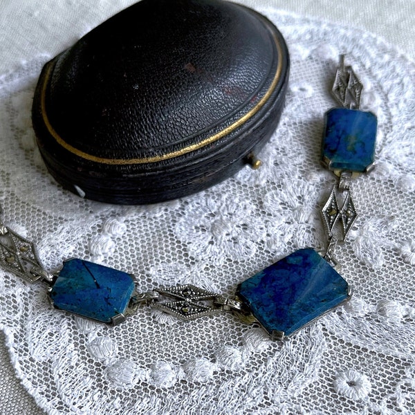 Gorgeous antique Art Deco Sterling Silver luminous Blue Sodalite gemstone faceted Marcasite accented sublime hallmarked Link Bracelet
