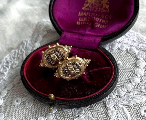 Antique Victorian Taille d’Epargne Gold Filled Pinchbeck genuine Seed Pearl enamel Scroll Work timeless Screw Back Dangle Earrings