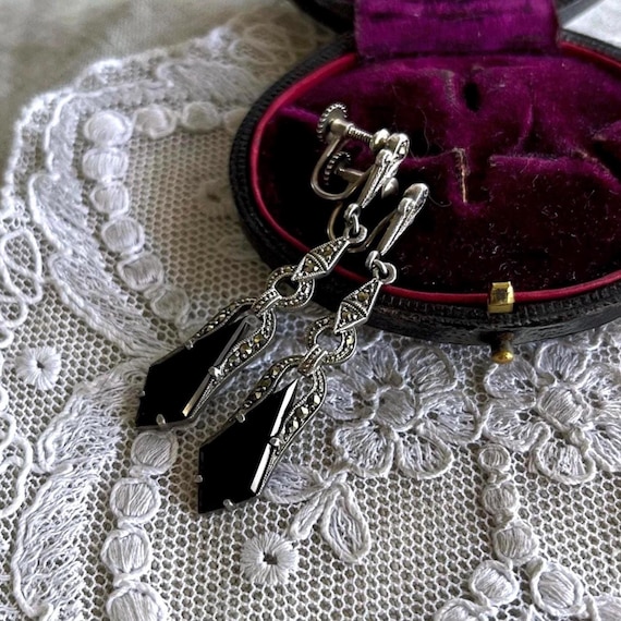 Antique Art Deco Onyx Marcasite Sterling Silver Drop Earrings