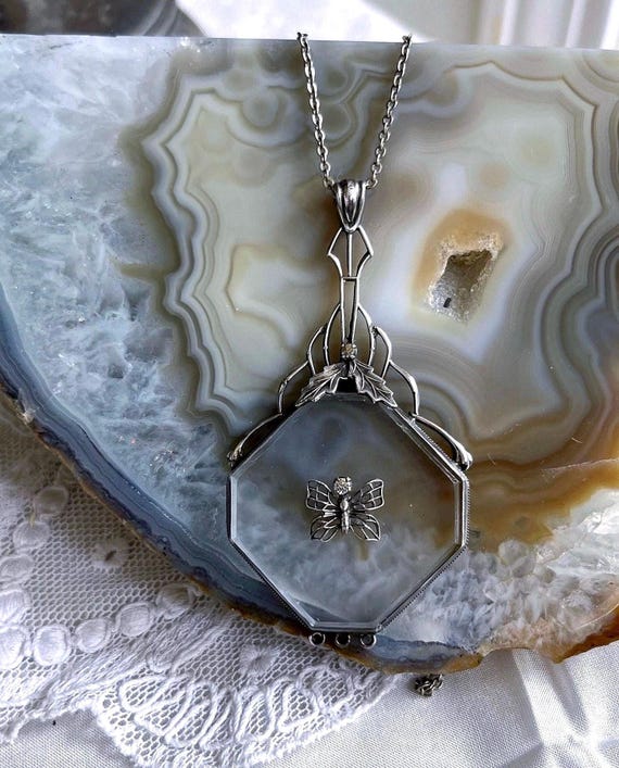 Breathtaking Edwardian Sterling Silver bold Quartz Camphor Glass faceted Marcasite and Paste Stone accented stamped Pendant Necklace