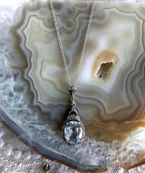 Lovely vintage German 835 Silver genuine faceted Topaz gemstone brilliant Marcasite accented beautiful Pendant Necklace