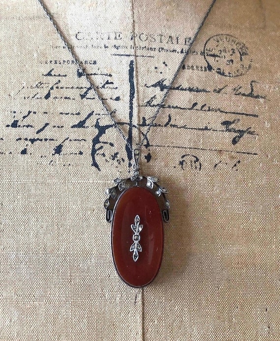 Antique Edwardian Belle Époque Sterling Silver luminous Carnelian Chalcedony faceted Marcasite Crystal Princess Pendant Necklace