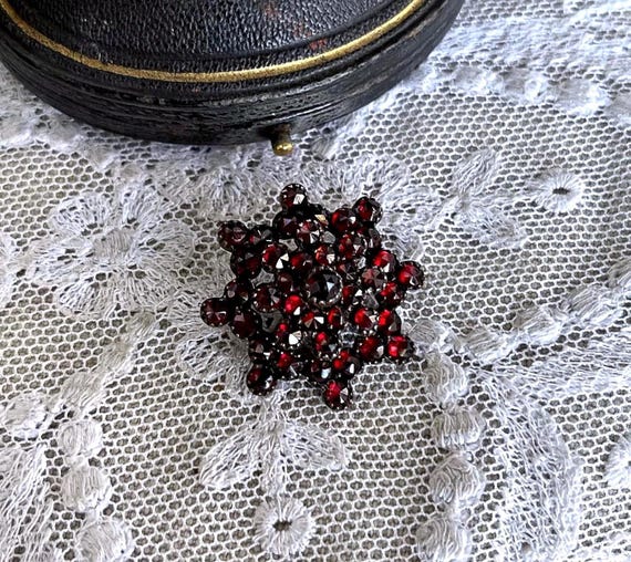 Victorian Rose Cut Garnet Brooch: Bohemian Revival Pinchbeck Jewelry