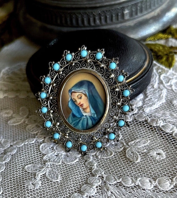 Etruscan Revival Mid Century 800 Silver Filigree Turquoise Seed Bead hand painted Virgin Mary Miniature Portrait Pendant Brooch