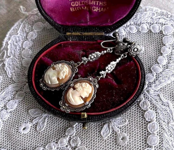 Antique Edwardian Conch Shell Cameo Drop Earrings: Rhodium Plated