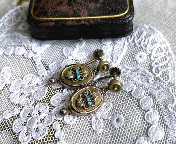 Fine antique European Victorian Era 835 Silver Gold Pinchbeck genuine Turquoise Seed Bead accented alluring  Screw Back Dangle Earrings