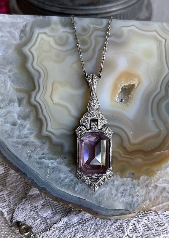 Brilliant antique Art Deco 1920s Rhodium Pot Metal bright geometric faceted Amethyst Purple and White Paste Stone accented Pendant Necklace