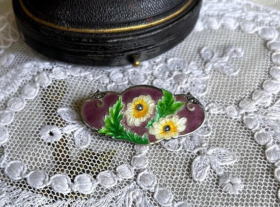 Fine antique 1900s Art Nouveau Sterling luminous Guilloche Enamel genuine Seed Pearl accented Floral Motif lovely hallmarked Lapel brooch