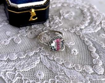 Vintage Art Deco 935 Silver Watermelon Glass Cocktail Ring Size 8 – Faceted Iris Crystal