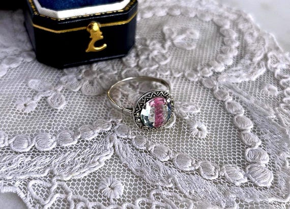 Vintage Art Deco 935 Silver Watermelon Glass Cocktail Ring Size 8 – Faceted Iris Crystal
