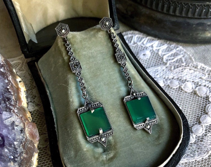 Sophisticated antique Edwardian 1910s Sterling Silver luminous Chrysoprase Chalcedony Marcasite accented Screw Back Drop Earrings